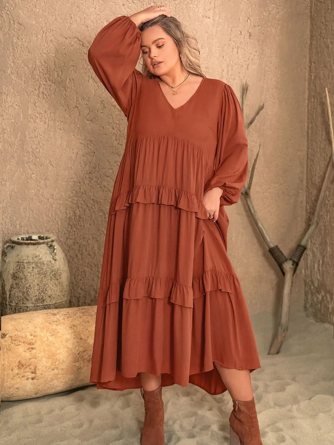 Curvy elegance: Ruffled V-neck balloon sleeve dress for every occasion - Love Salve